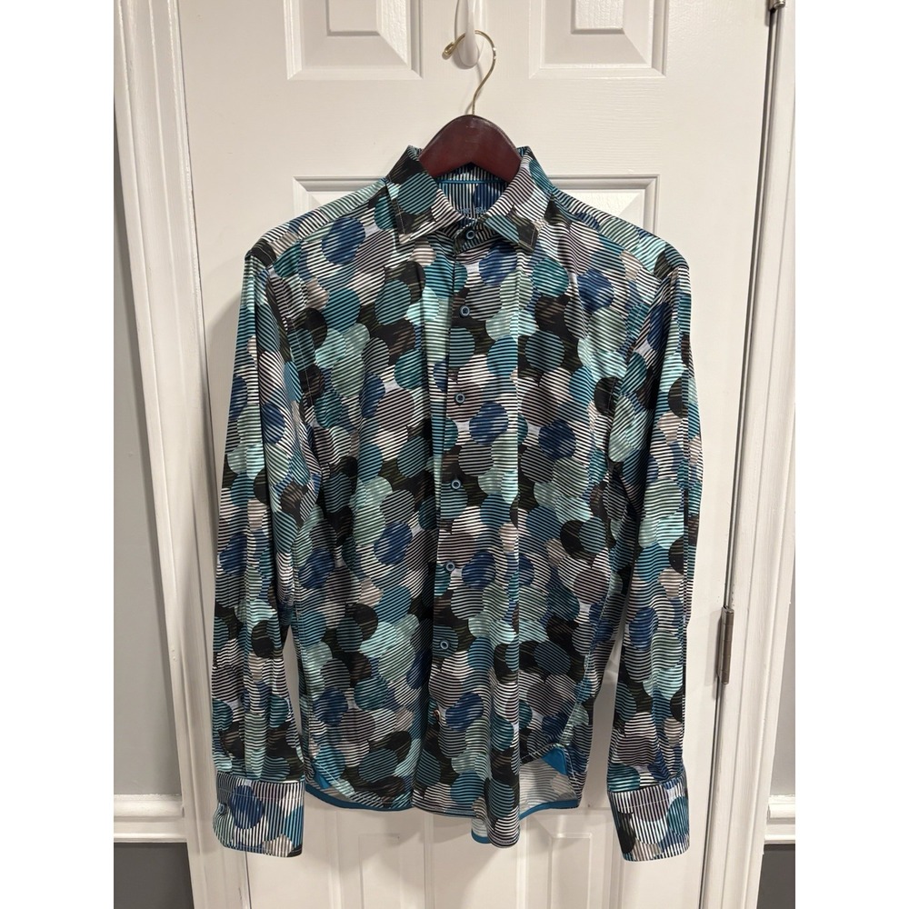 Visconti Black Men's Sz Med Woven stretch Button up shirt  Striped Circles Blue